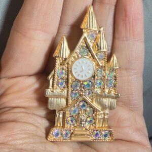Castle Brooch Gold Tone Rhinestone Clock Convertible Pendant 2.5 Inch